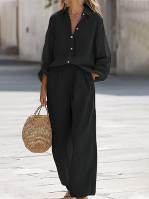 Women's Button-Up Long Sleeve Top and Wide-Leg Pants Two-Piece Set