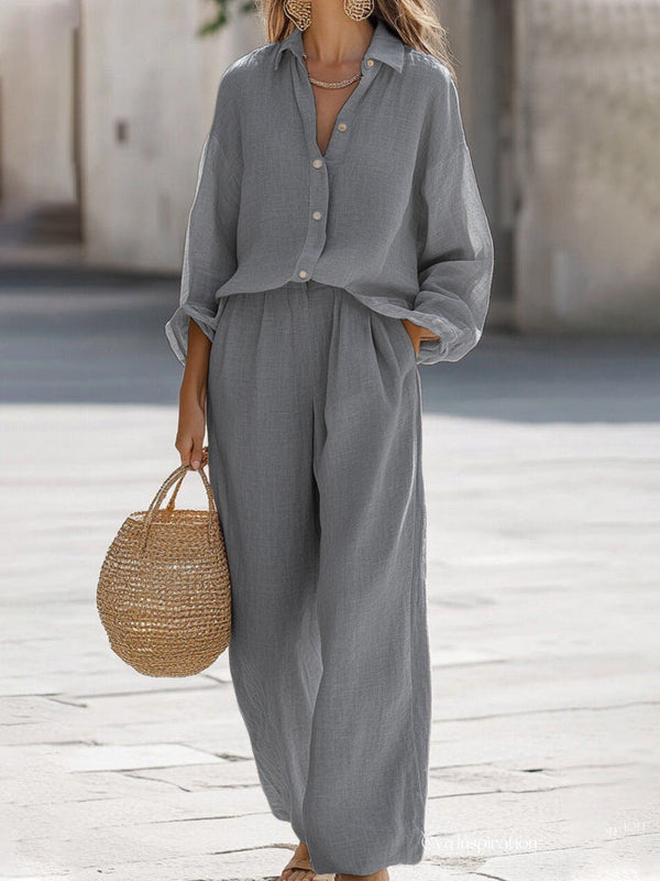 Women's Button-Up Long Sleeve Top and Wide-Leg Pants Two-Piece Set