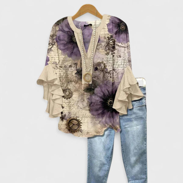 Women's Bohemian Floral Blouse with Layered Ruffle Sleeves