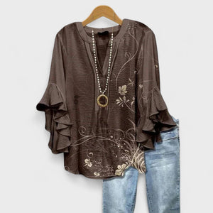 Women's Bohemian Floral Blouse with Layered Ruffle Sleeves