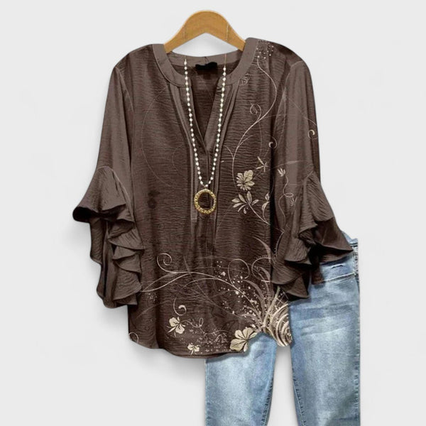 Women's Bohemian Floral Blouse with Layered Ruffle Sleeves