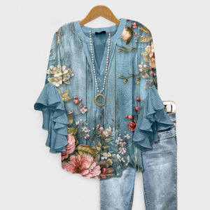 Women's Bohemian Floral Blouse with Layered Ruffle Sleeves
