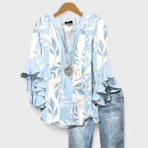 Women's Bohemian Floral Blouse with Layered Ruffle Sleeves
