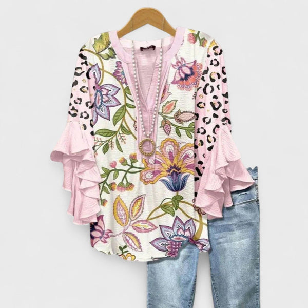 Women's Bohemian Floral Blouse with Layered Ruffle Sleeves
