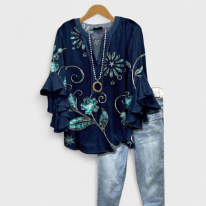 Women's Bohemian Floral Blouse with Layered Ruffle Sleeves