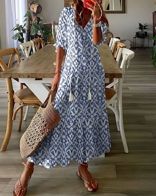 Women's Bohemian Printed Maxi Dress with Flowing Silhouette
