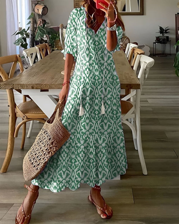Women's Bohemian Printed Maxi Dress with Flowing Silhouette