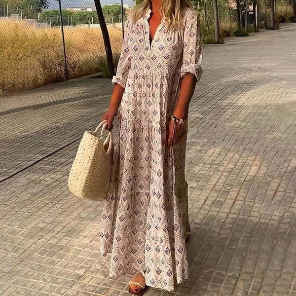 Women's Bohemian Printed Maxi Dress with Flowing Tiered Silhouette