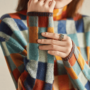 Women's Retro Check Color Block Crew Neck Sweater