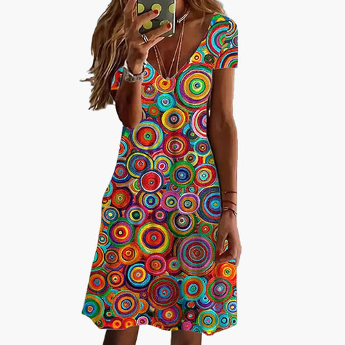 Women's Retro Multicolor Circle Print V-Neck Dress