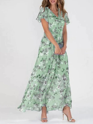 Women's Romantic Floral Maxi Dress with Flutter Sleeves