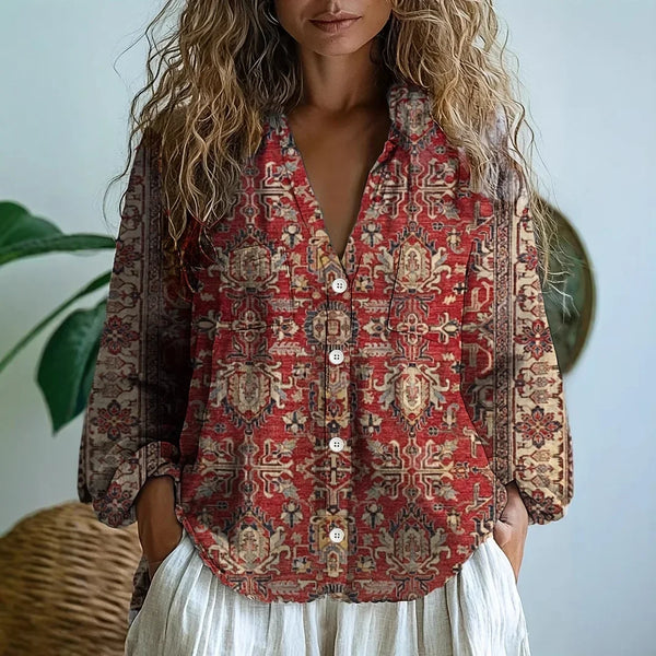 Women's Vintage Floral Print Blouse with V-Neckline Bohemian Fit