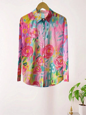 Women's Vibrant Floral Print Button-Up Blouse
