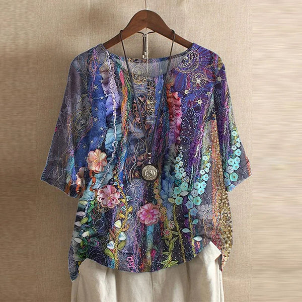 Women's Vintage Floral Print Blouse with Artistic Detail