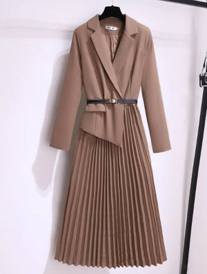 Stylish Pleated Blazer Dress with Belt