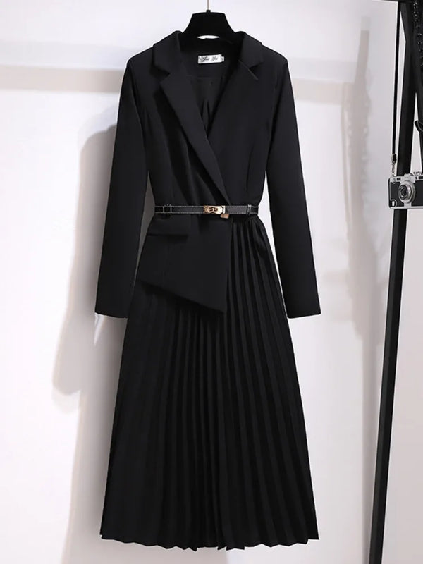 Stylish Pleated Blazer Dress with Belt
