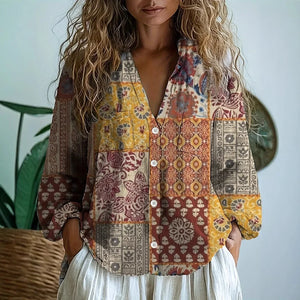 Women's Vintage Floral Print Blouse with V-Neckline Bohemian Fit
