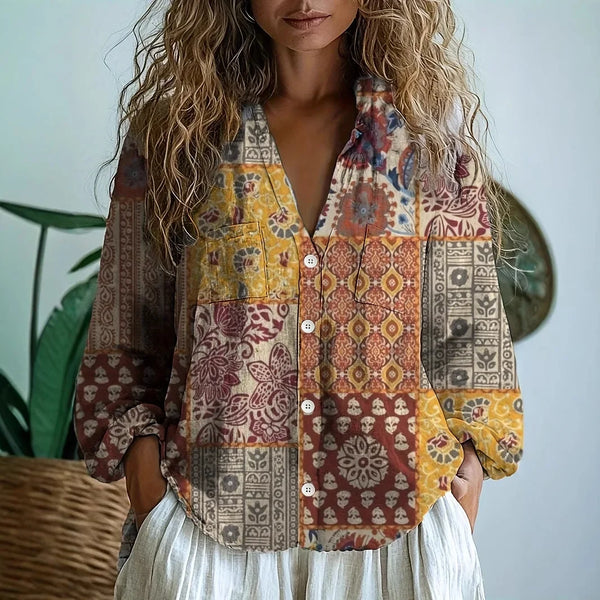 Women's Vintage Floral Print Blouse with V-Neckline Bohemian Fit