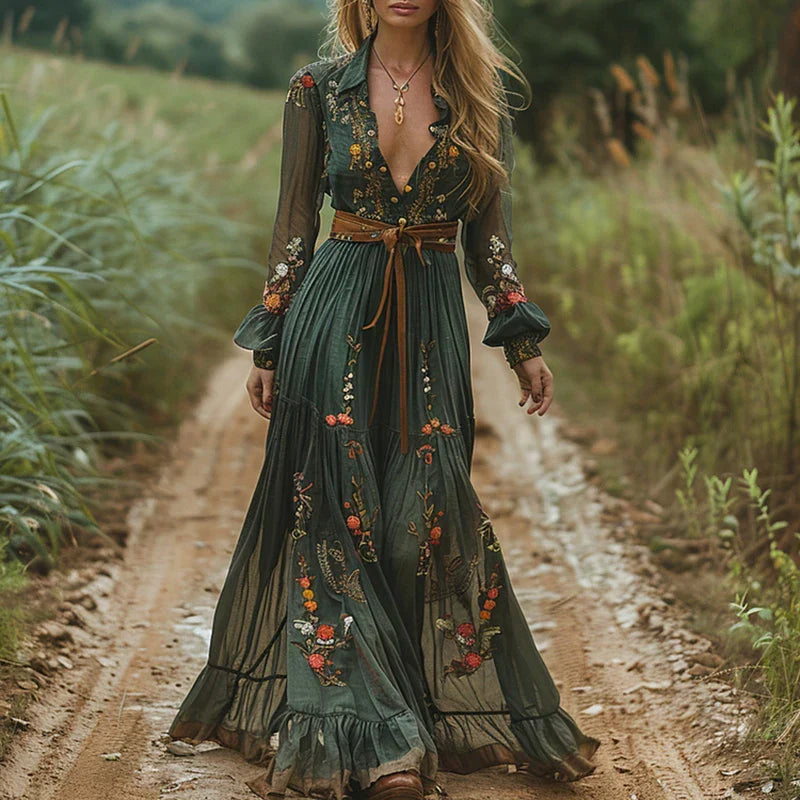 Vestido maxi vintage floral de mujer con mangas transparentes