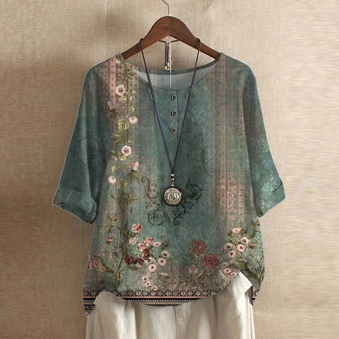 Women’s Vintage Floral Print Loose Fit Blouse