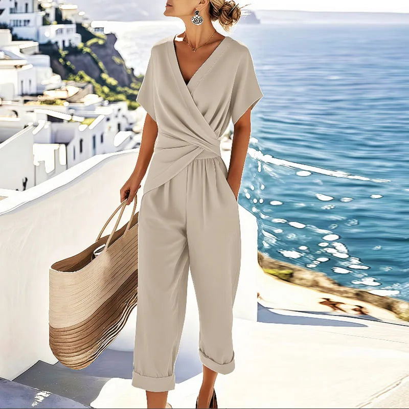Women's Casual V Neck Short Sleeve Jumpsuit