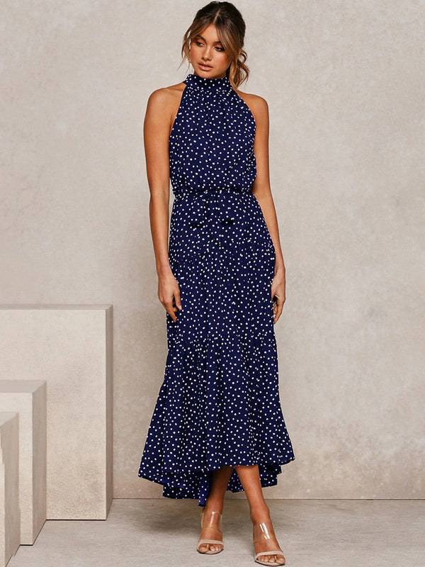 Chic Polka Dot Midi Dress - Flowy Fit-and-Flare with Waist Tie