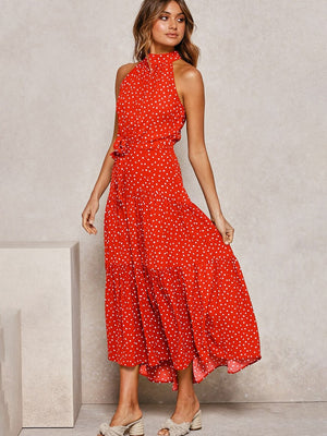Chic Polka Dot Midi Dress - Flowy Fit-and-Flare with Waist Tie