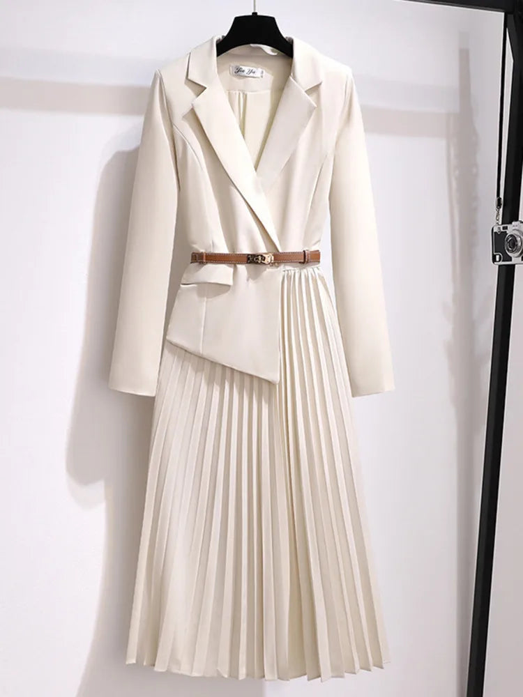 Stylish Pleated Blazer Dress with Belt