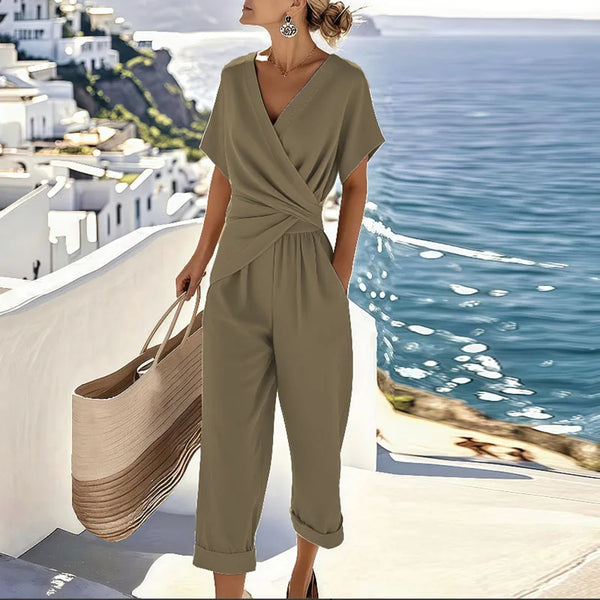 Women's Casual V Neck Short Sleeve Jumpsuit