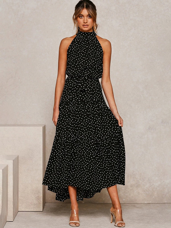 Chic Polka Dot Midi Dress - Flowy Fit-and-Flare with Waist Tie