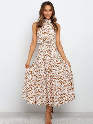 Chic Polka Dot Midi Dress - Flowy Fit-and-Flare with Waist Tie