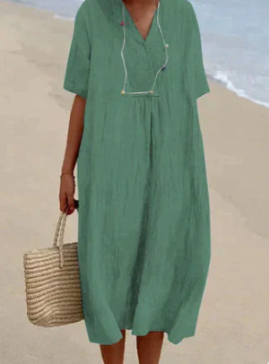 Lightweight Breathable V-Neck Dress for Women - Relaxed Fit Short Sleeve
