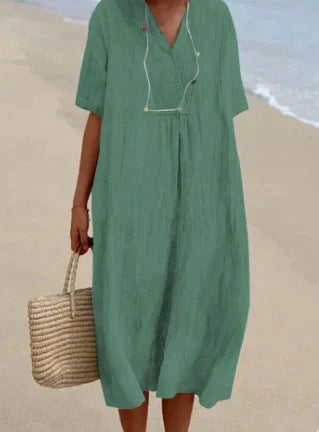 Lightweight Breathable V-Neck Dress for Women - Relaxed Fit Short Sleeve