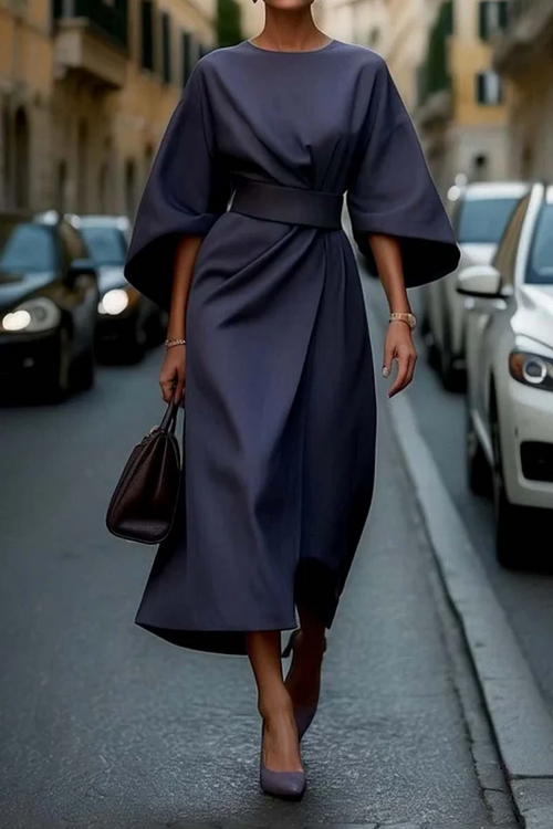Women’s Elegant Batwing Sleeve Waist Tie Midi Dress