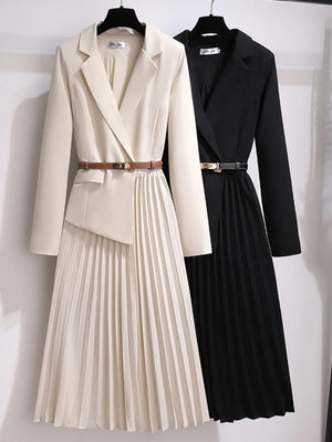 Stylish Pleated Blazer Dress with Belt