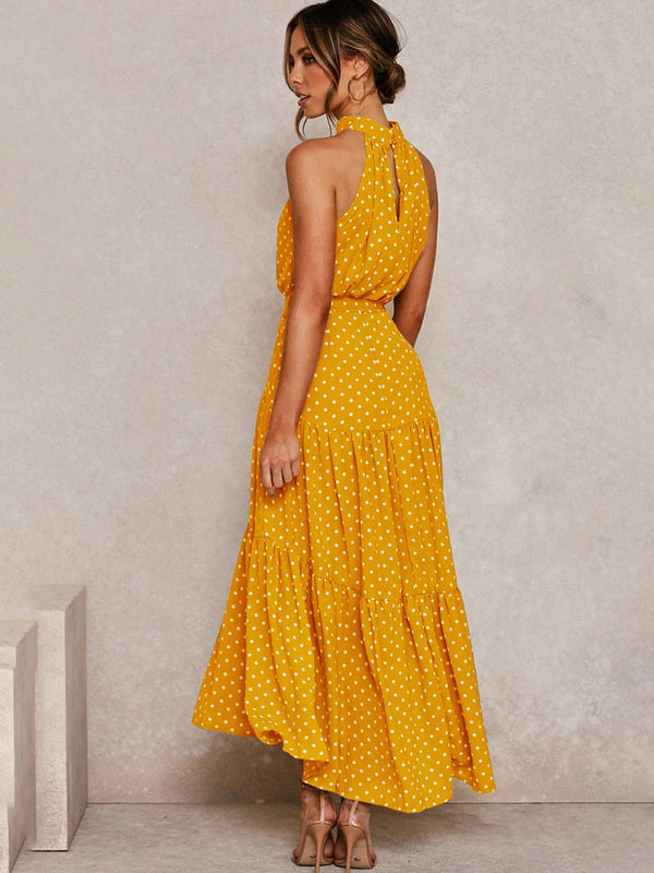 Chic Polka Dot Midi Dress - Flowy Fit-and-Flare with Waist Tie