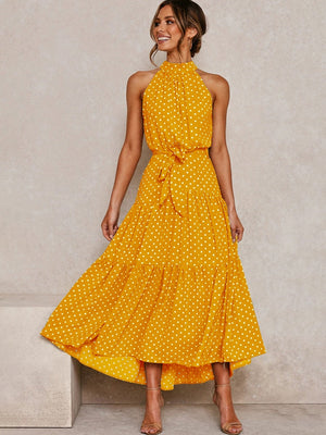 Chic Polka Dot Midi Dress - Flowy Fit-and-Flare with Waist Tie