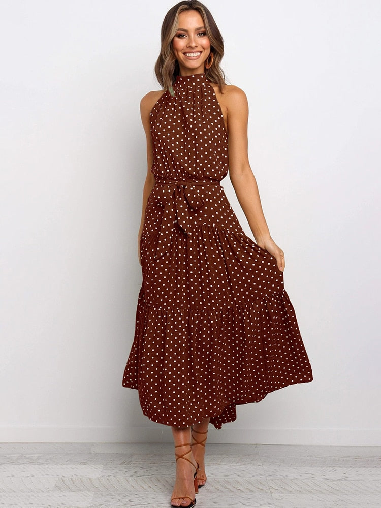 Chic Polka Dot Midi Dress - Flowy Fit-and-Flare with Waist Tie