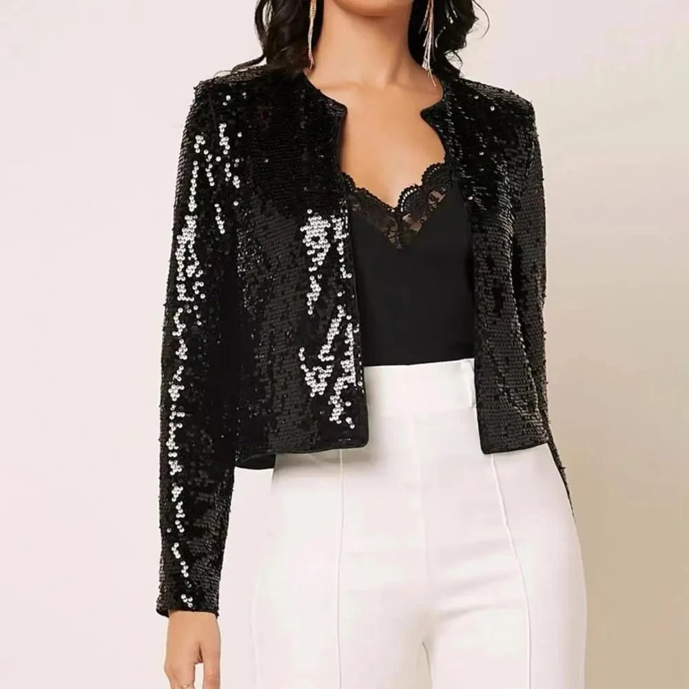 Women's Sequin Cropped Open Front Party Blazer
