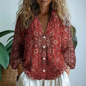 Women's Vintage Floral Print Blouse with V-Neckline Bohemian Fit
