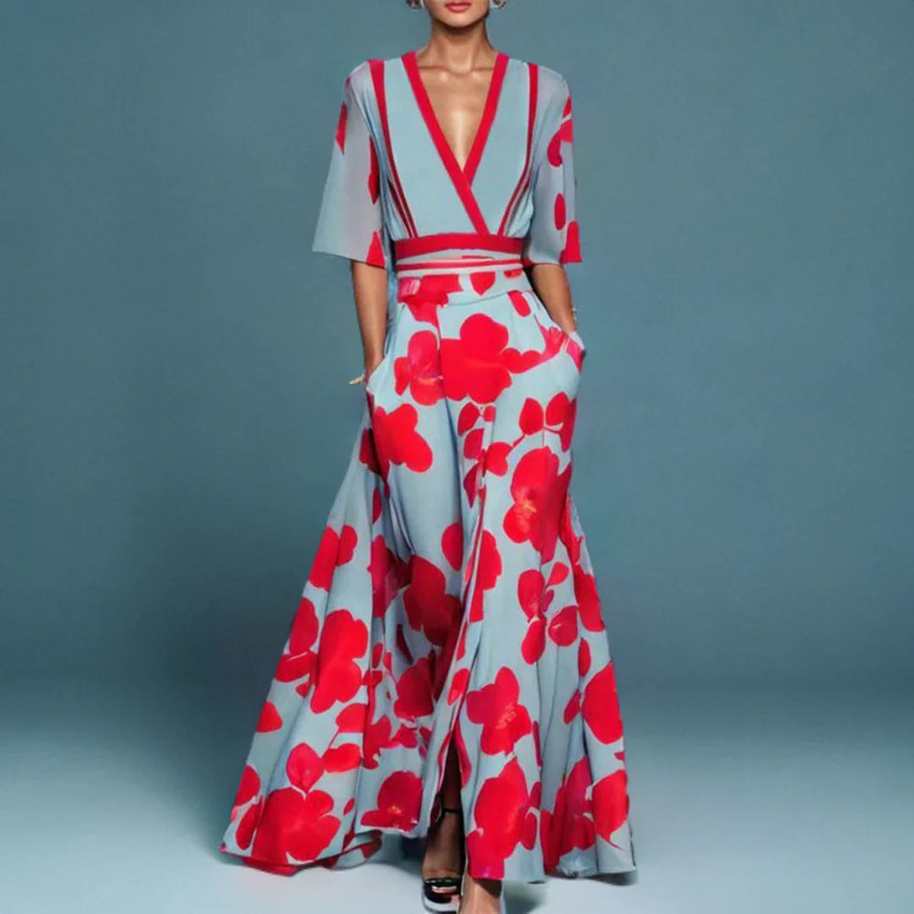 Vestido maxi cruzado para mujer con estampado floral y escote en V profundo