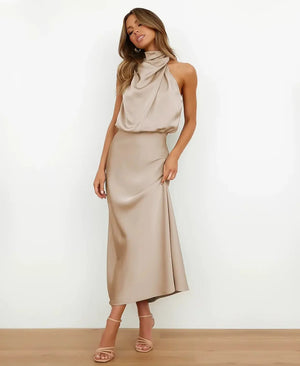 Women's Sleeveless Draped Halter Midi Dress