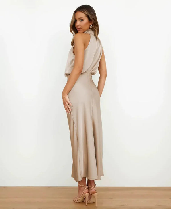 Women's Sleeveless Draped Halter Midi Dress
