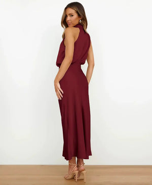 Women's Sleeveless Draped Halter Midi Dress