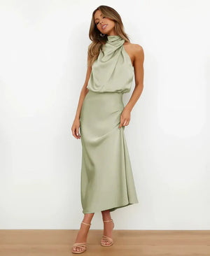 Women's Sleeveless Draped Halter Midi Dress