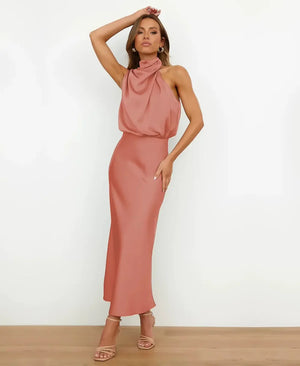 Women's Sleeveless Draped Halter Midi Dress