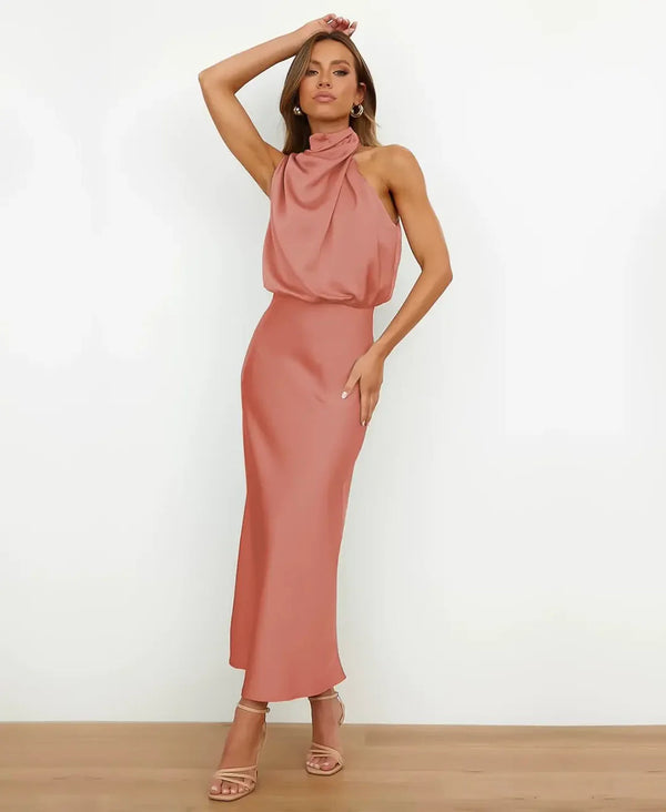 Women's Sleeveless Draped Halter Midi Dress