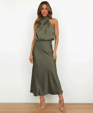 Women's Sleeveless Draped Halter Midi Dress