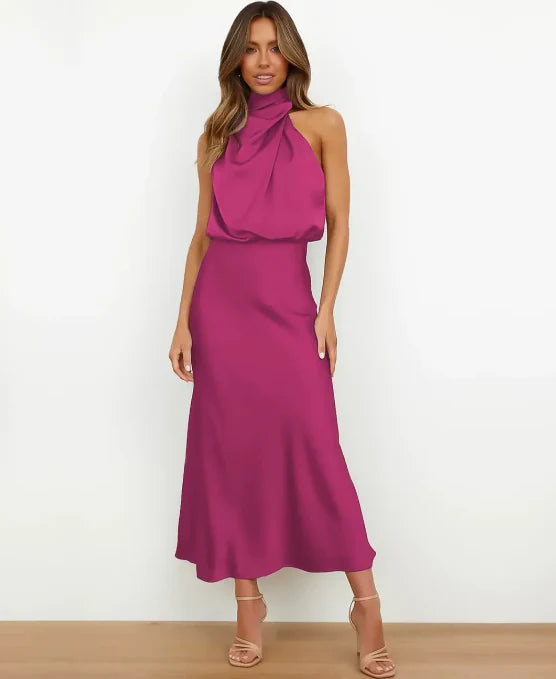 Women's Sleeveless Draped Halter Midi Dress