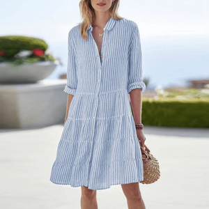 Women's Striped Button-Front Mini Shirt Dress with Tiered Flowy Skirt
